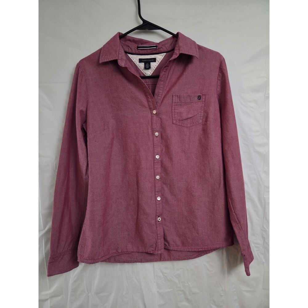 Tommy Hilfiger Shirt Womens Size Small Button Up Pink Long Sleeve Front Pocket